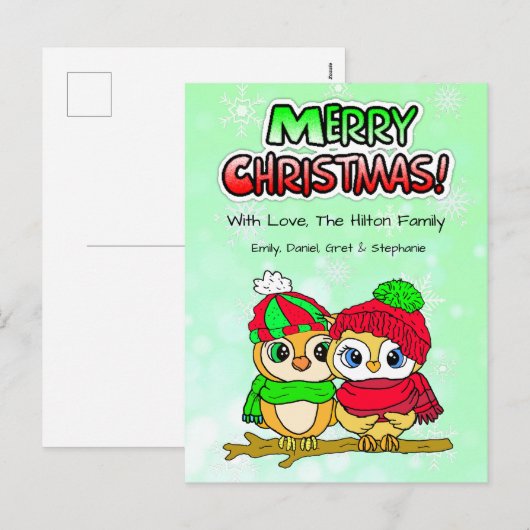 Cute Owl Couple cuddling on Branch Kerstmis Feestdagenkaart (Voorkant / Achterkant)