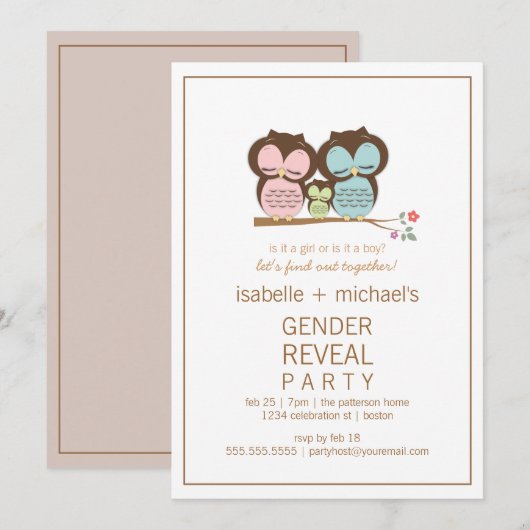 Cute Owl Couple Gender openbaart de Uitnodiging va (Voorkant / Achterkant)