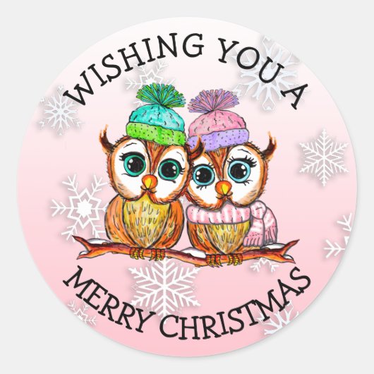 Cute Owl Couple Merry Kerstry Ronde Sticker (Voorkant)