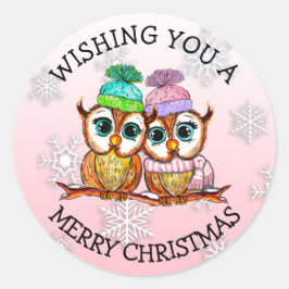 Cute Owl Couple Merry Kerstry Ronde Sticker