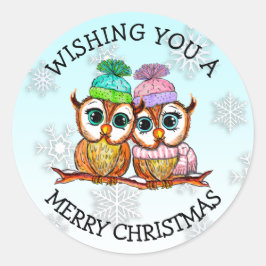 Cute Owl Couple Merry Kerstry Ronde Sticker