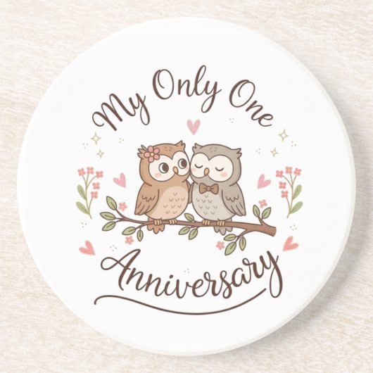 Cute Owl Couple My Only One Romantic Anniversary C Zandsteen Onderzetter (Voorkant)