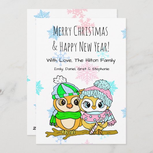 Cute Owl Couple on Tree Branch Kerstmis Feestdagenkaart (Voorkant / Achterkant)