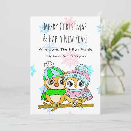 Cute Owl Couple on Tree Branch Kerstmis Feestdagenkaart (Staand voorkant)