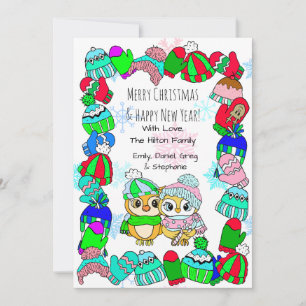 Cute Owl Couple on Tree Branch Kerstmis Feestdagenkaart