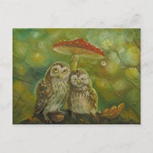 Cute Owl Couple onder de paddenstoel Briefkaart