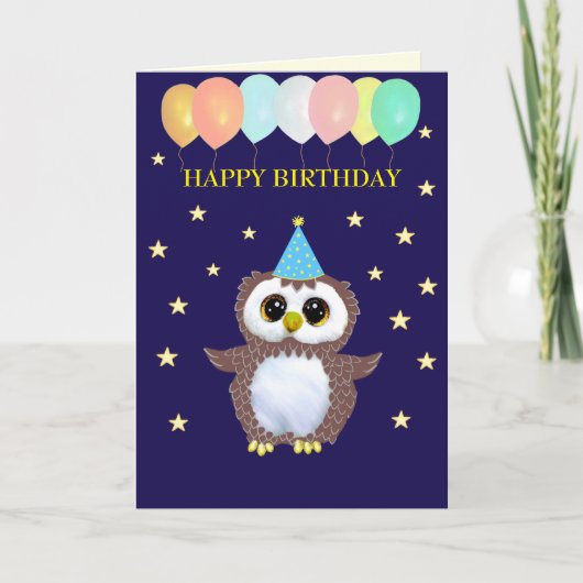Cute Owl & Editable Birthday Wishes op Navy Blue Kaart (Voorkant)