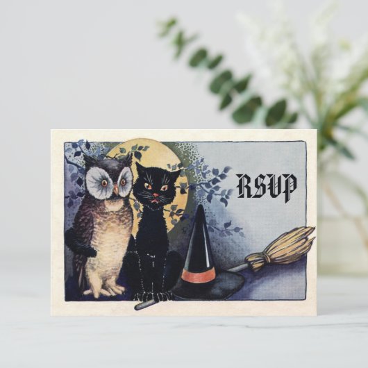 Cute  Owl en Cat Halloween RSVP (Staand voorkant)