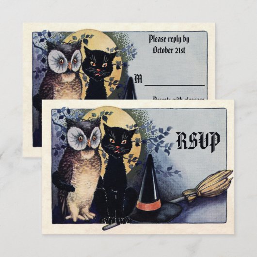 Cute  Owl en Cat Halloween RSVP (Voorkant / Achterkant)
