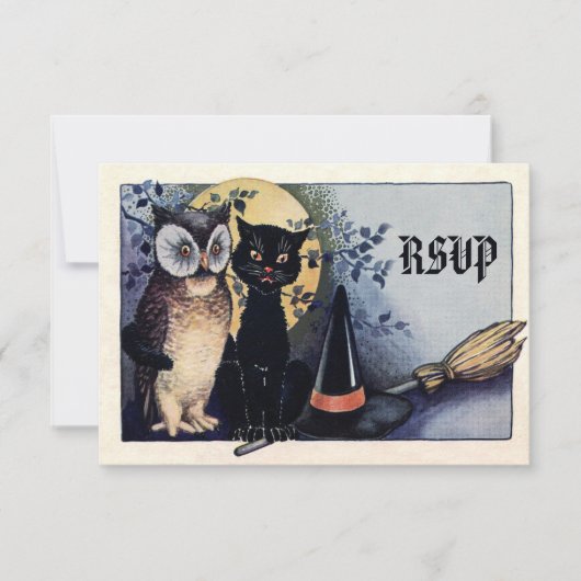 Cute  Owl en Cat Halloween RSVP Kaartje (Voorkant)