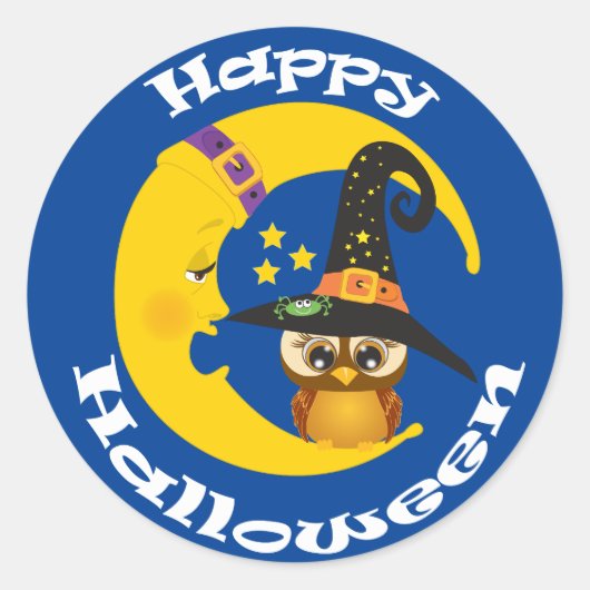 Cute Owl en Moon Halloween Ronde Sticker (Voorkant)
