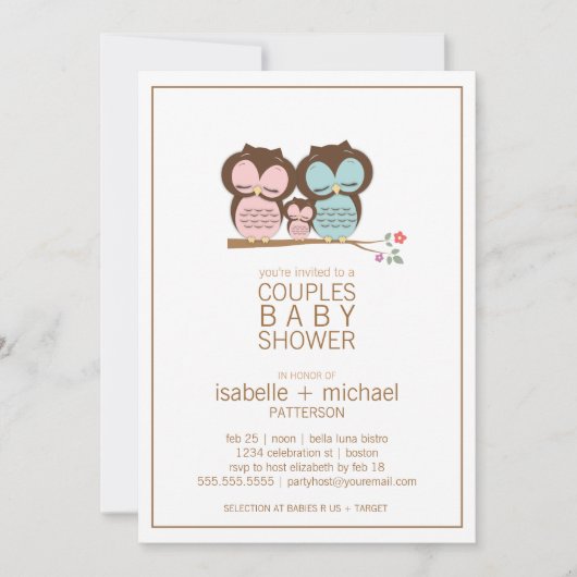 Cute Owl Family Couples Baby shower Invitation Kaart (Voorkant)