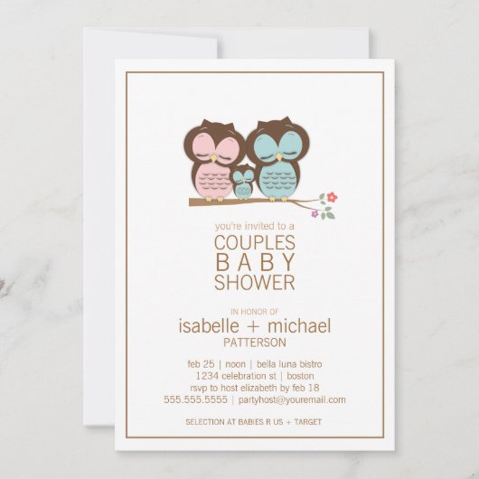 Cute Owl Family Couples Baby shower Invitation Kaart (Voorkant)