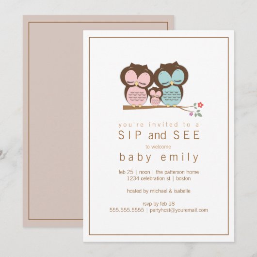 Cute Owl Family Sip en Zie Baby Greet Invitation Kaart (Voorkant / Achterkant)