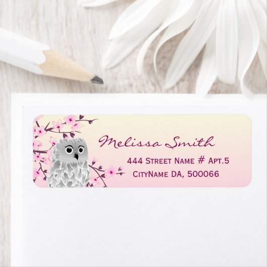 Cute Owl Floral Cherry Blossom Pink Etiket (Insitu)