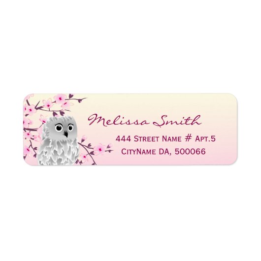Cute Owl Floral Cherry Blossom Pink Etiket (Voorkant)