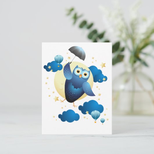 Cute Owl Flying with Umbrella Briefkaart (Staand voorkant)