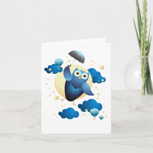 Cute Owl Flying with Umbrella Kaart (Voorkant)