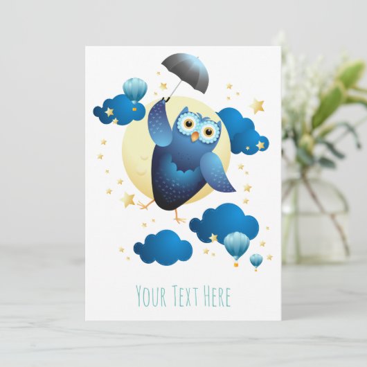 Cute Owl Flying with Umbrella Kaart (Staand voorkant)