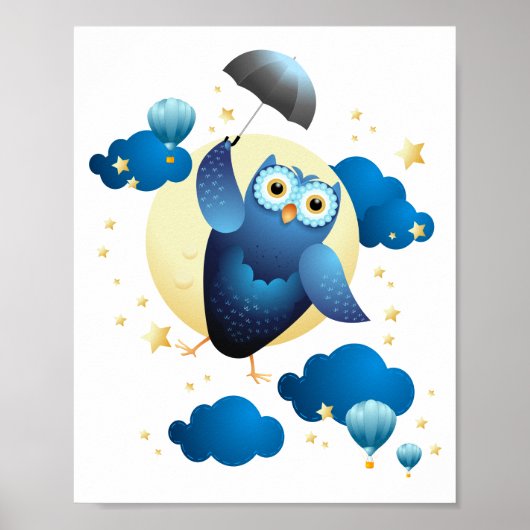 Cute Owl Flying with Umbrella Poster (Voorkant)