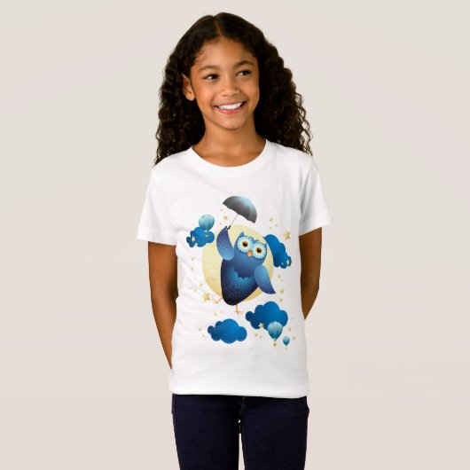 Cute Owl Flying with Umbrella T-shirt (Voorkant volledig)