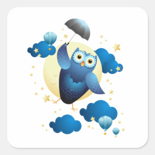 Cute Owl Flying with Umbrella Vierkante Sticker