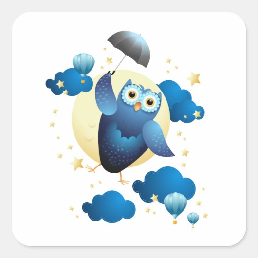 Cute Owl Flying with Umbrella Vierkante Sticker (Voorkant)