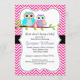 Cute Owl Girl Baby shower Invitation. Roze Kaart