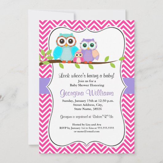 Cute Owl Girl Baby shower Invitation / Roze Kaart (Voorkant)