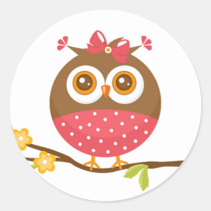 Cute Owl Girl Bird Cartoon Character Ronde Sticker