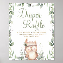 Cute Owl Greenery Baby shower Diaper Raffle Sign