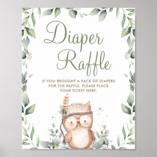 Cute Owl Greenery Baby shower Diaper Raffle Sign Poster (Voorkant)