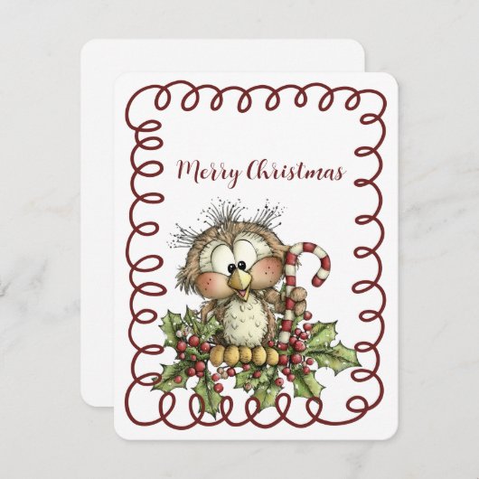 Cute Owl Holding Candy Cane Feestdagenkaart (Voorkant / Achterkant)