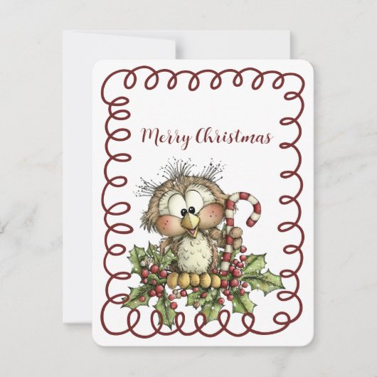 Cute Owl Holding Candy Cane Feestdagenkaart (Voorkant)