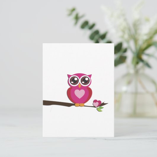 Cute Owl Love Hearts Girly Retro Briefkaart (Staand voorkant)