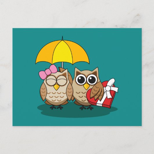 Cute Owl Lovers w/ Umbrella and Red Chocolate Box Feestdagenkaart (Voorkant)