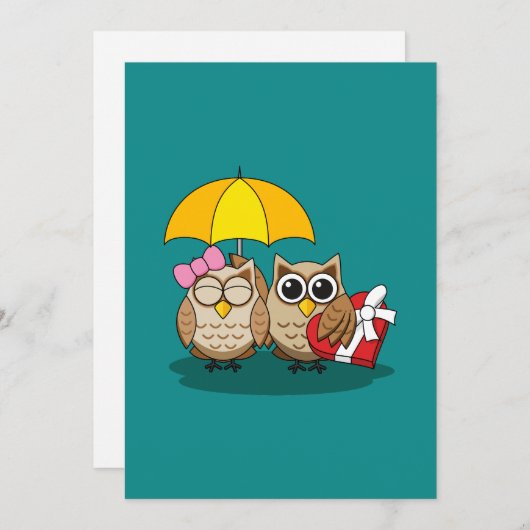 Cute Owl Lovers w/ Umbrella and Red Chocolate Box Kaart (Voorkant / Achterkant)
