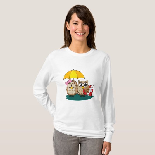 Cute Owl Lovers w/ Umbrella and Red Chocolate Box T-shirt (Voorkant volledig)