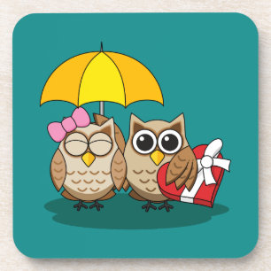 Cute Owl Lovers w/ Umbrella & Red Chocolate Box Bier Onderzetter