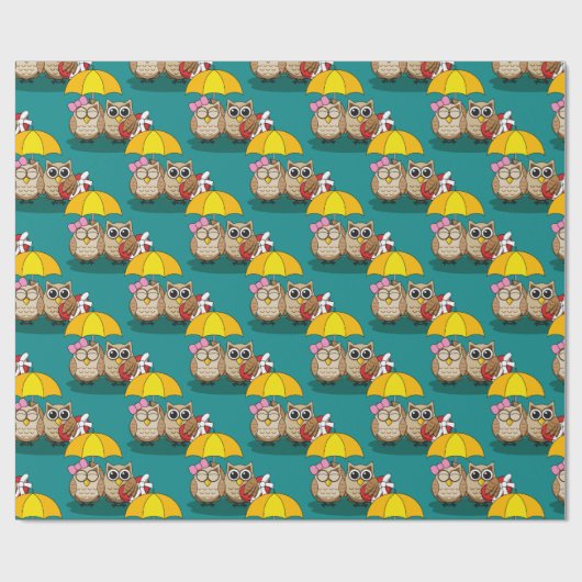 Cute Owl Lovers w/ Umbrella & Red Chocolate Box Cadeaupapier (Vlak)