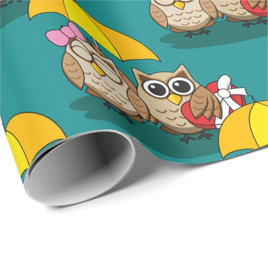 Cute Owl Lovers w/ Umbrella & Red Chocolate Box Cadeaupapier (Rol Hoek)