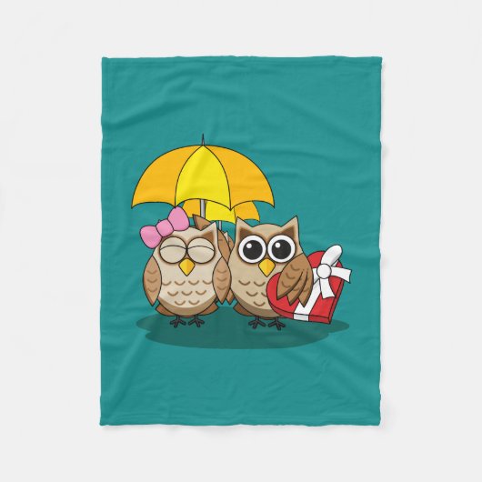 Cute Owl Lovers w/ Umbrella & Red Chocolate Box Fleece Deken (Voorkant)