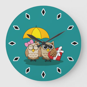 Cute Owl Lovers w/ Umbrella & Red Chocolate Box Grote Klok