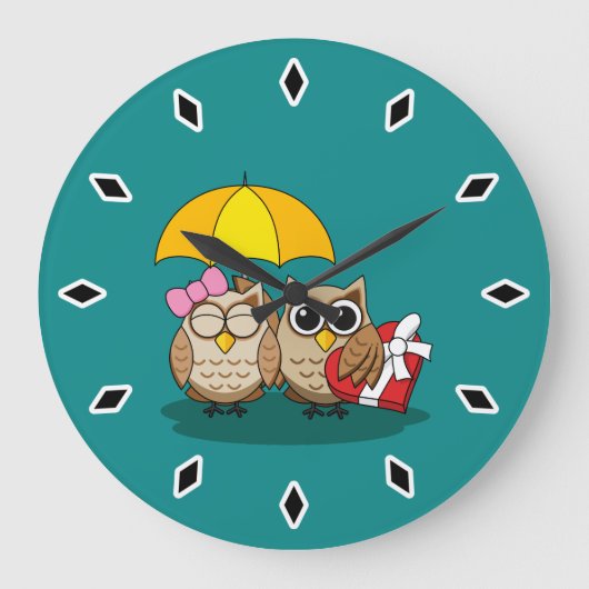 Cute Owl Lovers w/ Umbrella & Red Chocolate Box Grote Klok (Voorkant)
