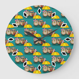 Cute Owl Lovers w/ Umbrella & Red Chocolate Box Grote Klok