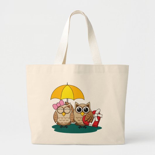 Cute Owl Lovers w/ Umbrella & Red Chocolate Box Grote Tote Bag (Voorkant)