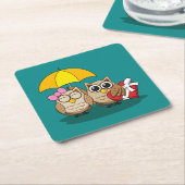 Cute Owl Lovers w/ Umbrella & Red Chocolate Box Kartonnen Onderzetters (Schuin)
