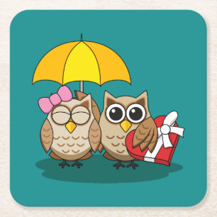 Cute Owl Lovers w/ Umbrella & Red Chocolate Box Kartonnen Onderzetters