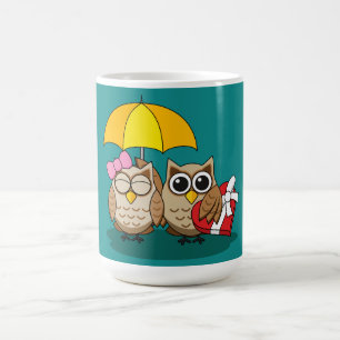 Cute Owl Lovers w/ Umbrella & Red Chocolate Box Koffiemok
