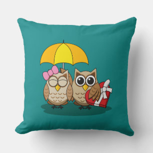 Cute Owl Lovers w/ Umbrella & Red Chocolate Box Kussen